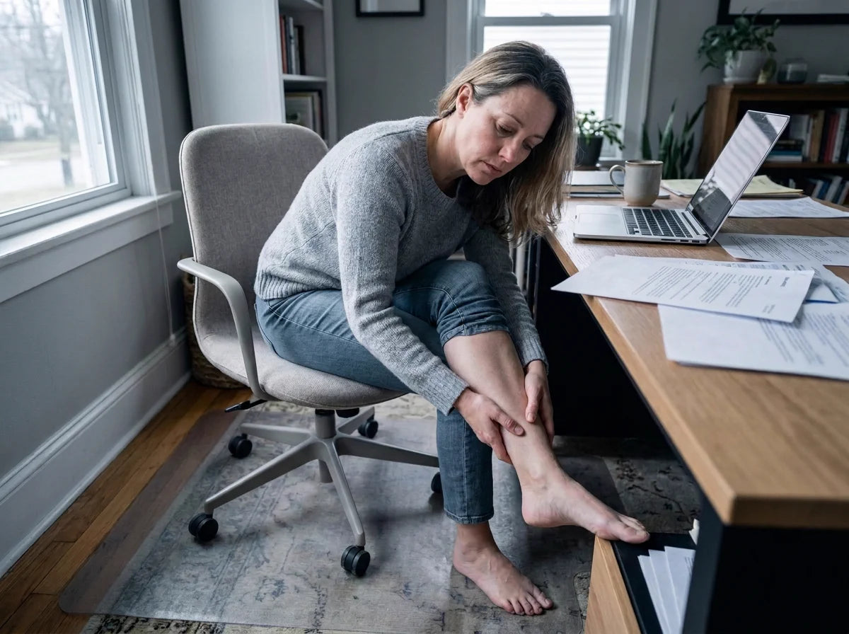 Woman at her home-office desk rubbing her tired lower leg after a long day of sitting.