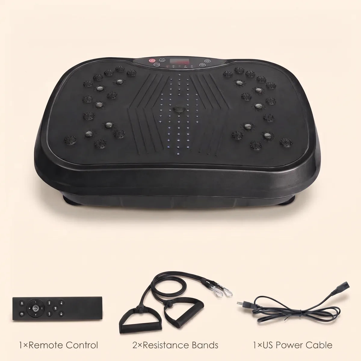 The Drainaea Ripple vibration plate with its remote control, 2 resistance bands, and US power cable.