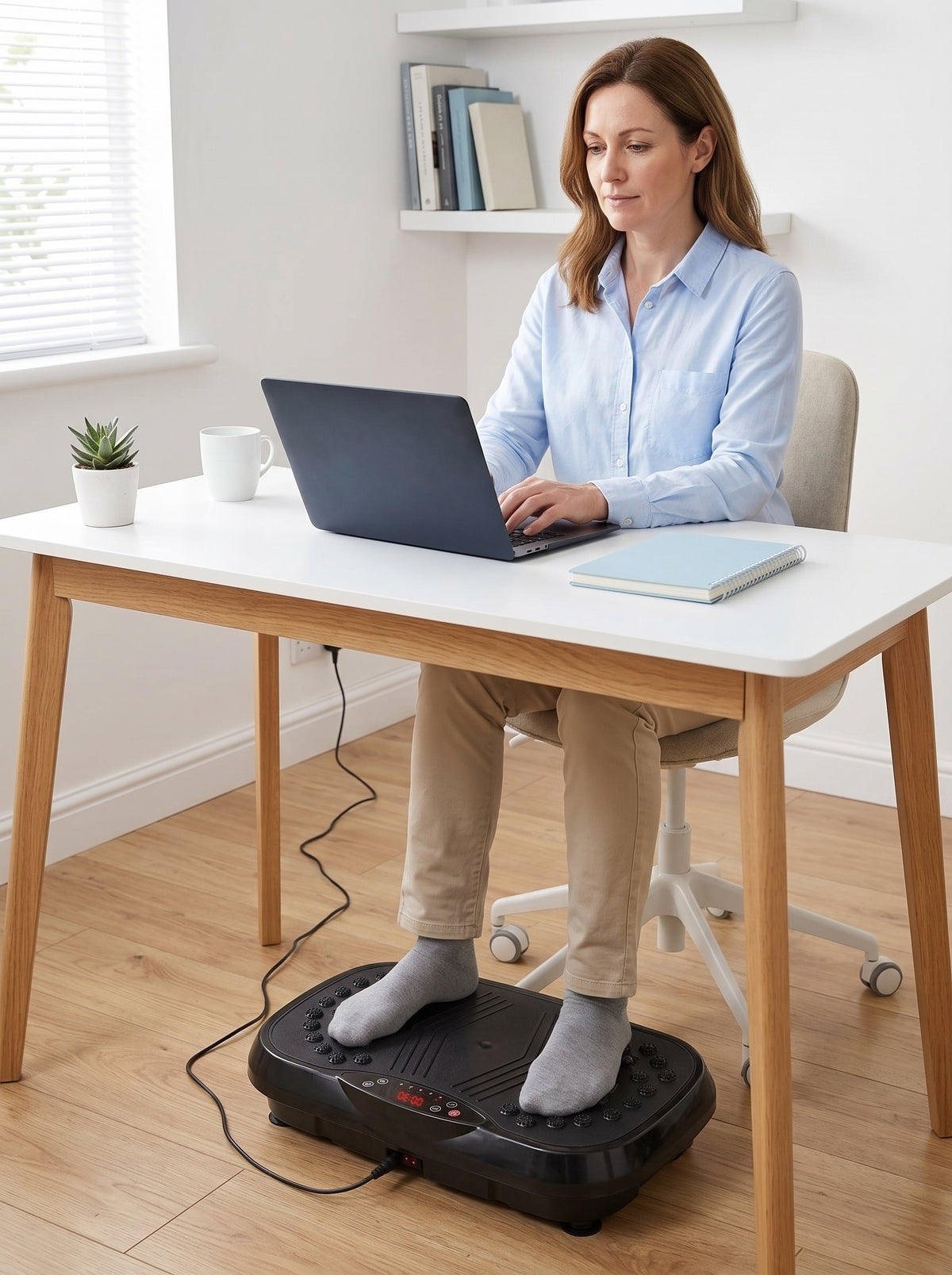 Woman typing on a laptop at her desk, feet in gray socks resting on the Drainaea Ripple vibration plate. – Fresh legs while you work.