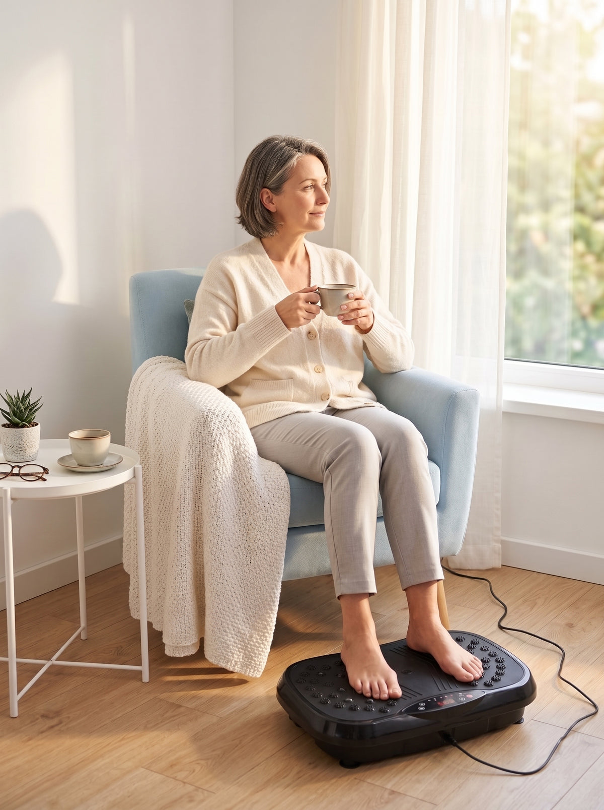 Woman in an armchair holding a mug, bare feet resting on the vibration plate in a sunny living room. – Start your day feeling light.