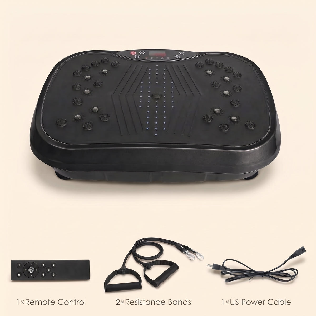 Drainaea Ripple vibration plate with its remote control, 2 resistance bands, and US power cable. – What's in the box.