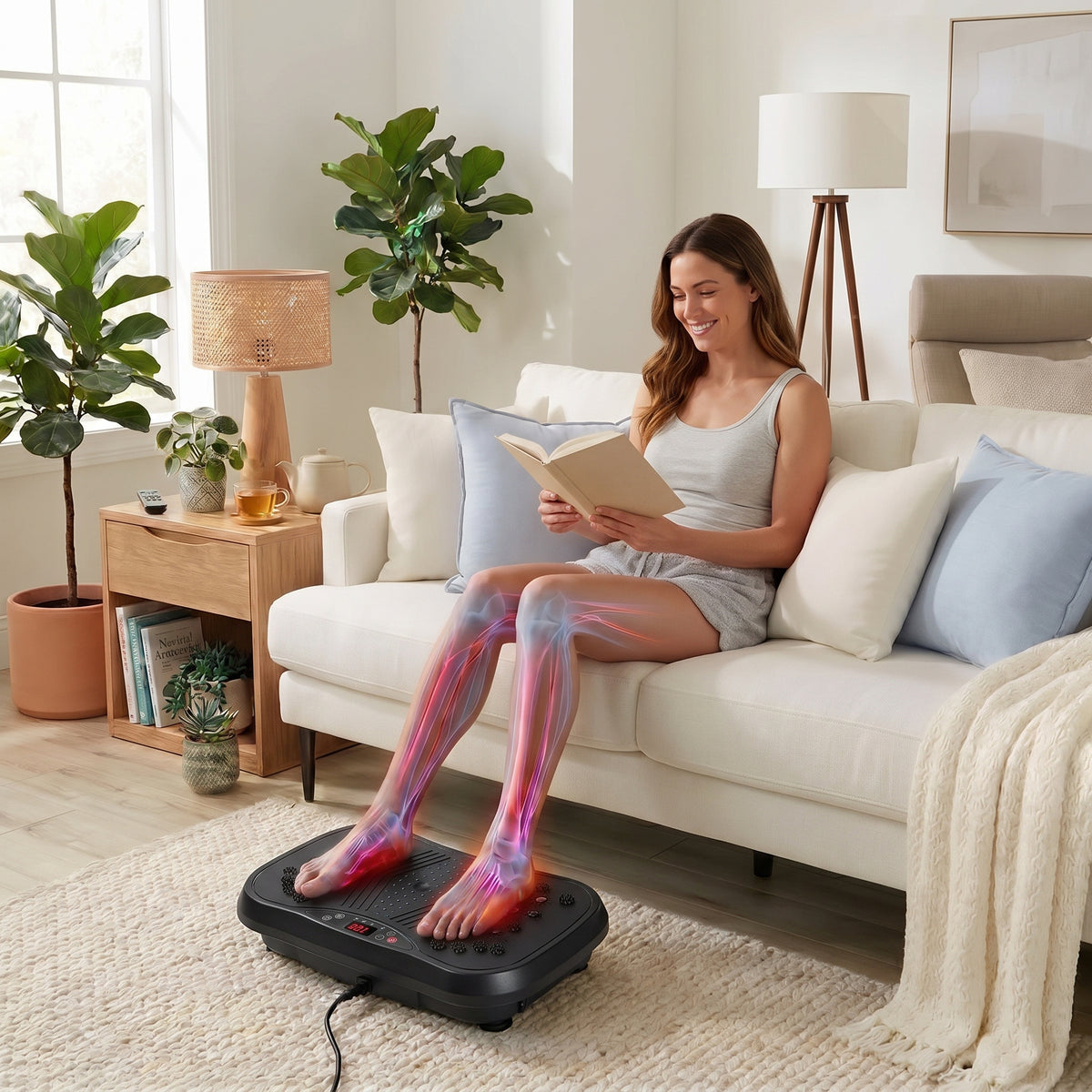 Woman relaxing on the Drainaea Ripple vibration plate in a bright living room