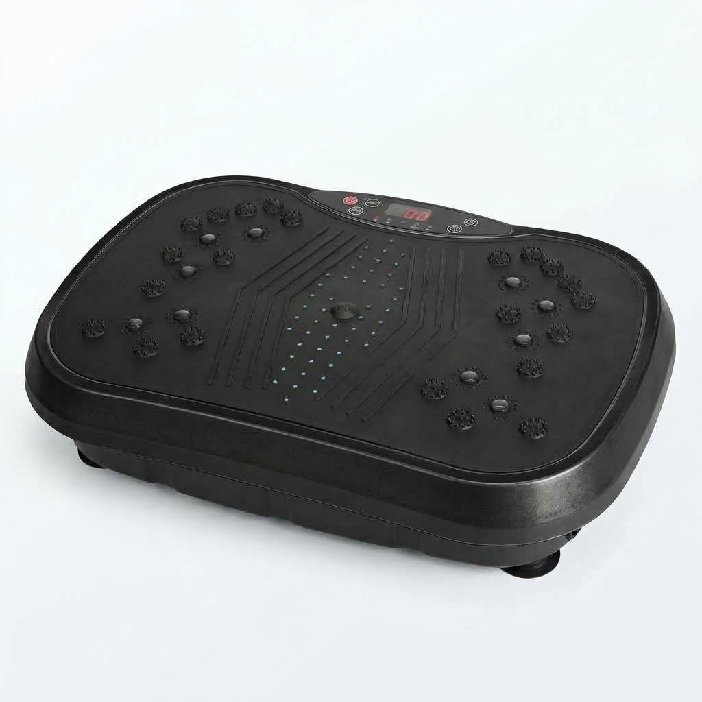 Drainaea Ripple vibration plate in black, three-quarter view on a plain white background. – Heavy legs? Feel them lighten.. 120 speeds, Massage nodules, Just 10 lbs.