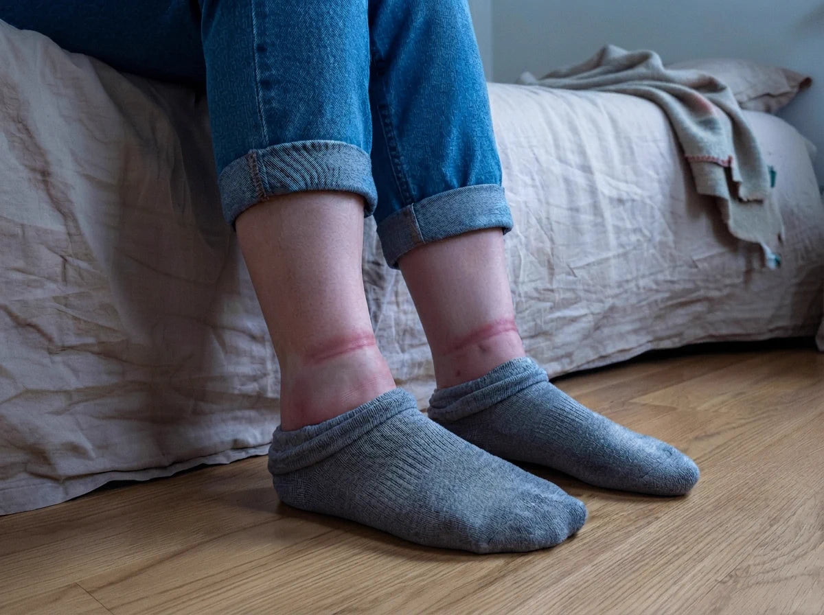 Ankles with red sock marks at the end of the day.