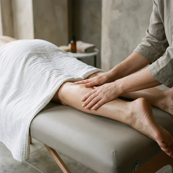 A lymphatic drainage massage on a woman's calf