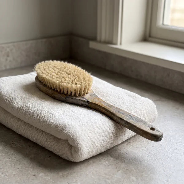 A natural bristle dry body brush on a towel