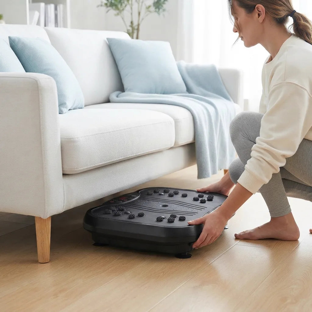 Woman sliding the Drainaea Ripple under a couch.