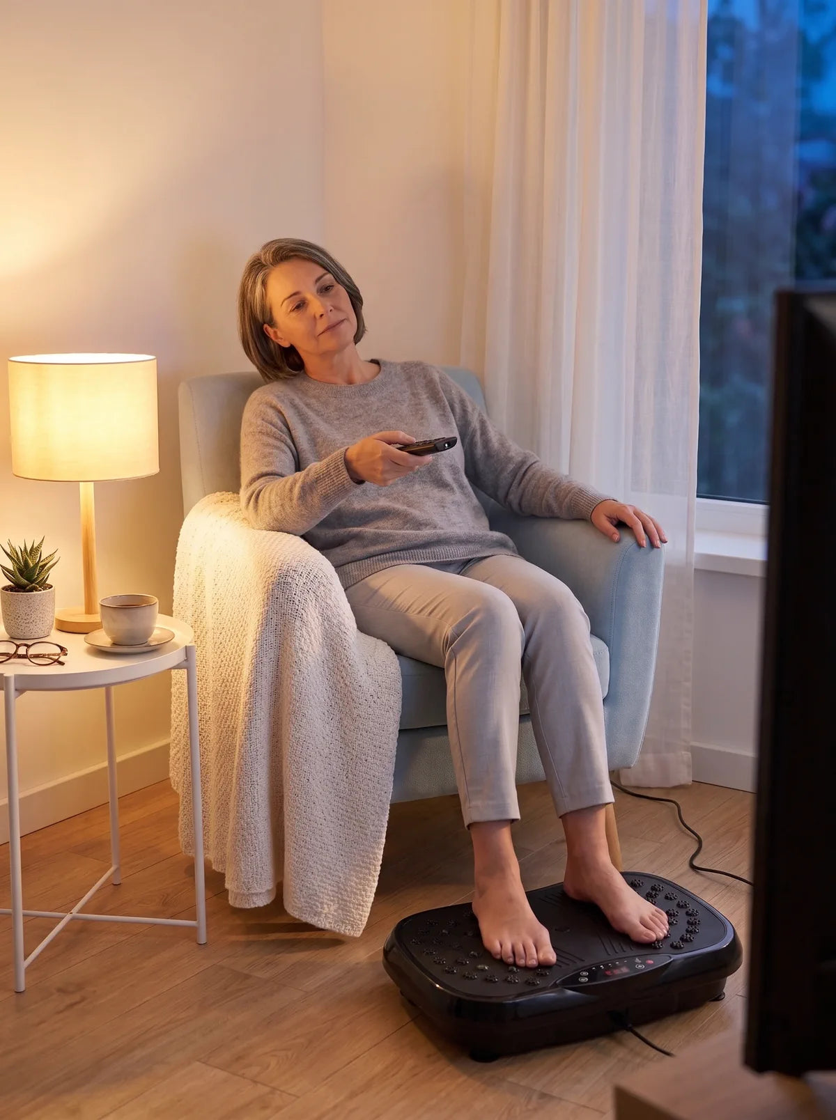 Evening: the same woman watching TV, feet resting on the Drainaea Ripple.
